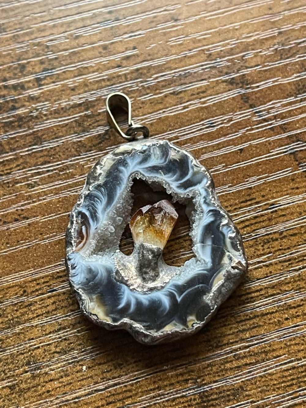 Silver-Tone Agate Geode Pendant with Amber Accent - Women's Jewelry